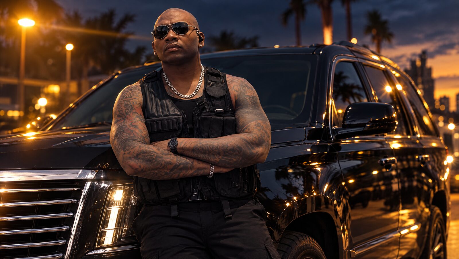 The People's Bouncer leaning against a black SUV at dusk
